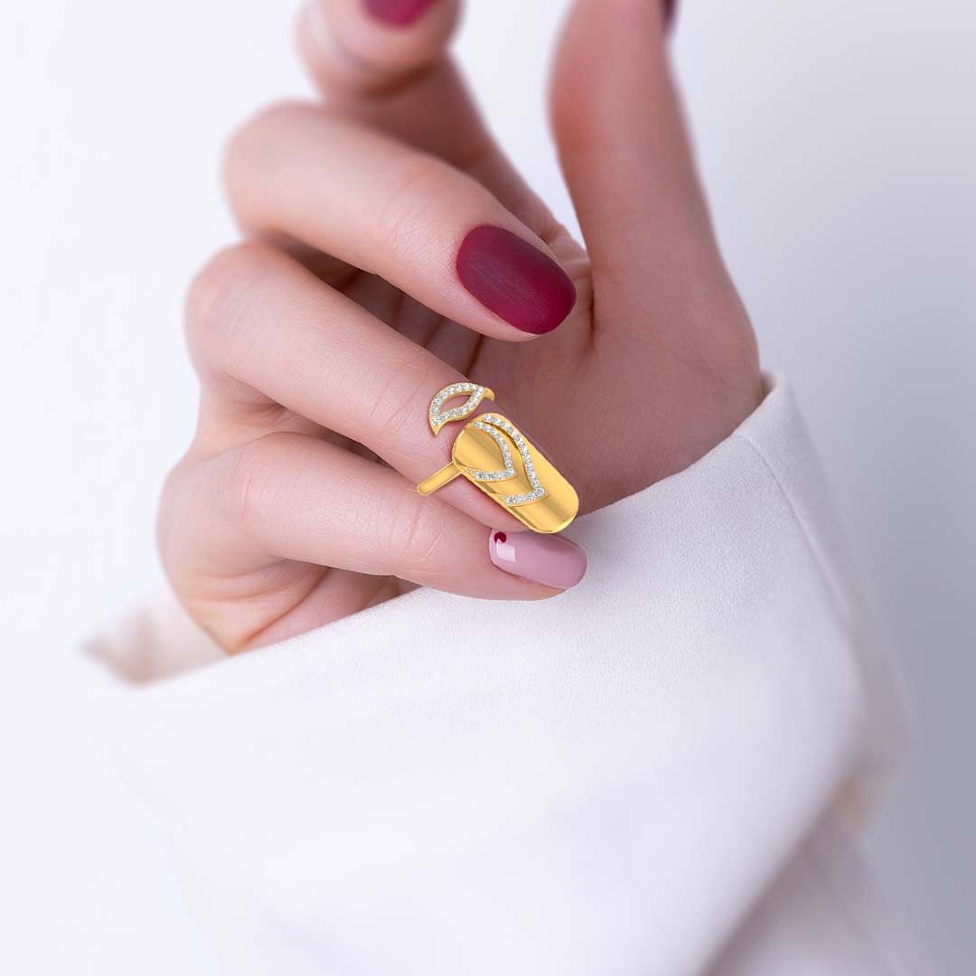 Women Finger Diamond Nail Ring With Yellow Gold